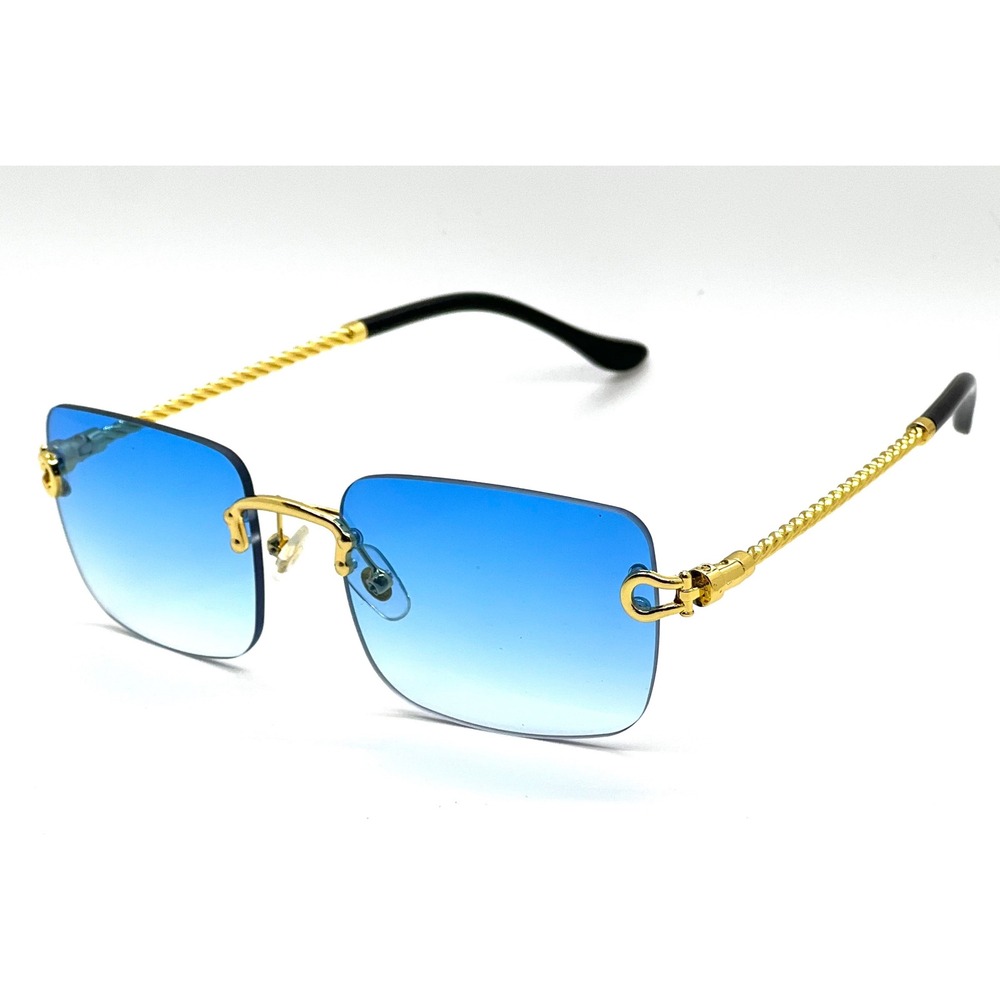 Mens Rimless Square Sunglasses Blue Gradient Gold Twisted Rope Frame Retro Shape - Picture 6 of 11